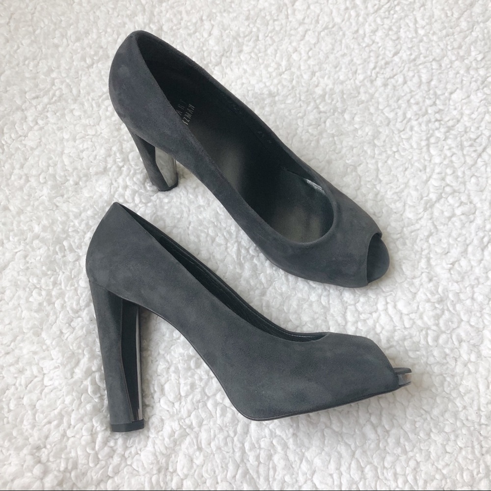 Stuart Weitzman Grey Suede Open Toe Block Heel - image 1